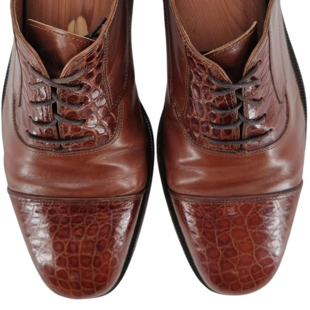 Exotic Bruno Magli Italy Brown Alligator Leather Oxfords Dress Shoes 10M Vintage - Picture 11 of 13